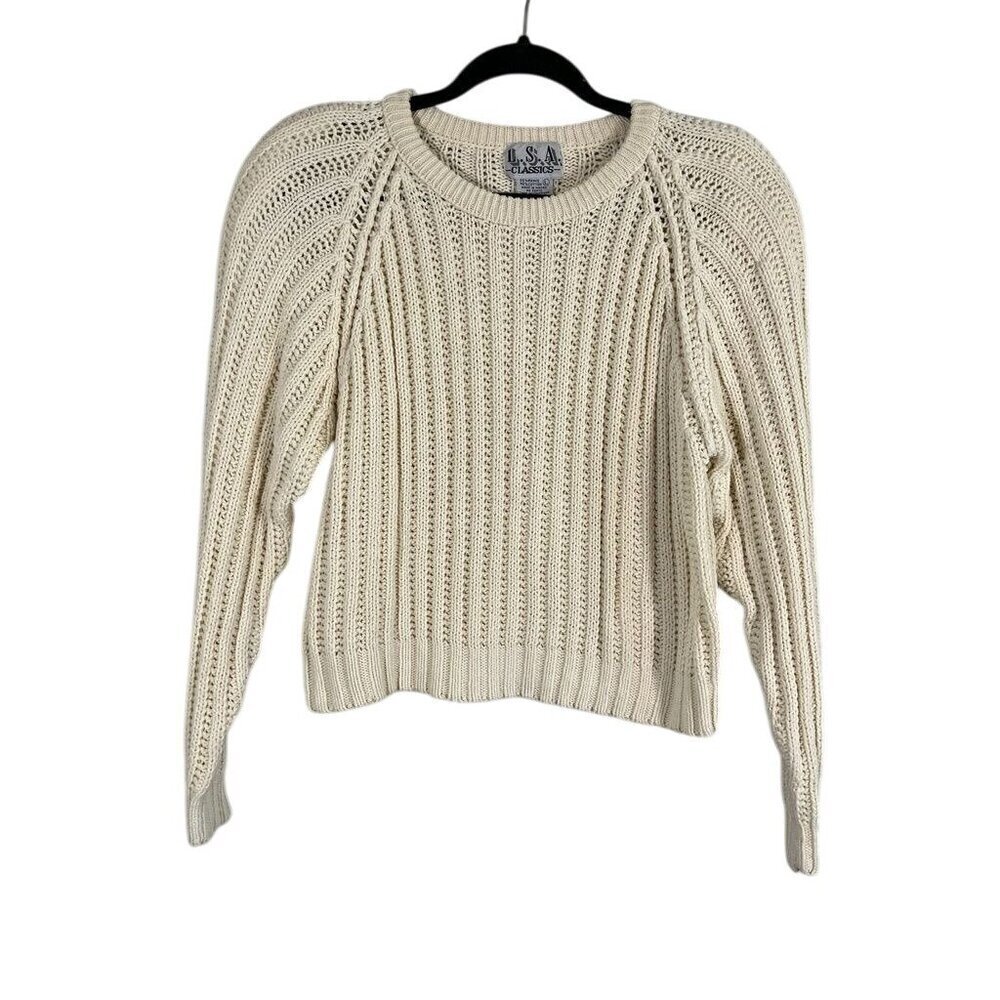 USA Classic‎ Knit Sweater L Cream Chic Pullover Neutral Cropped 80s Vtg Classic